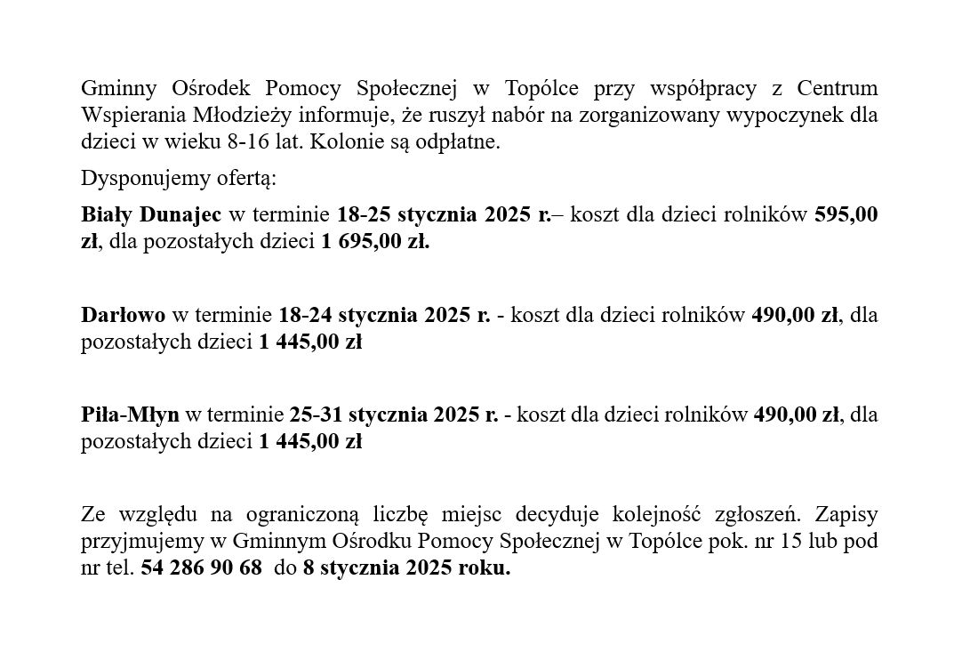 Informacja zimowisko dla dzieci