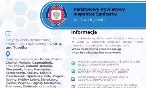 Zdjęcie do KOMUNIKAT z dnia 14.03.2025 r. dotyczący jakosci wody